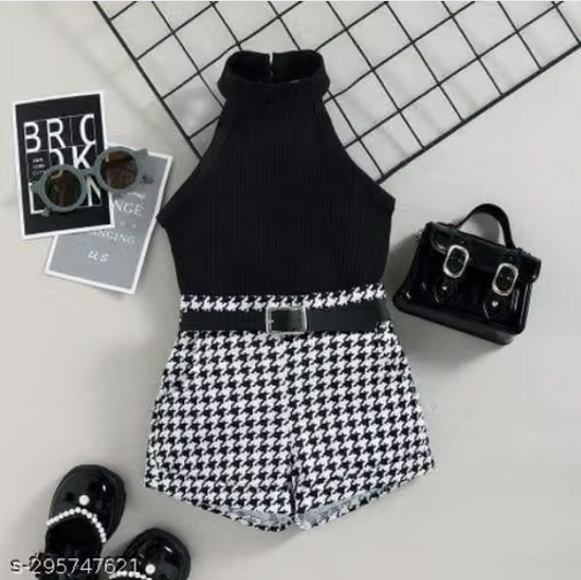 Black Halter Neck Top with Houndstooth Shorts Set for Baby Girls - Stylish Western Co-ord Set