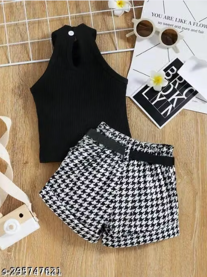 Black Halter Neck Top with Houndstooth Shorts Set for Baby Girls - Stylish Western Co-ord Set