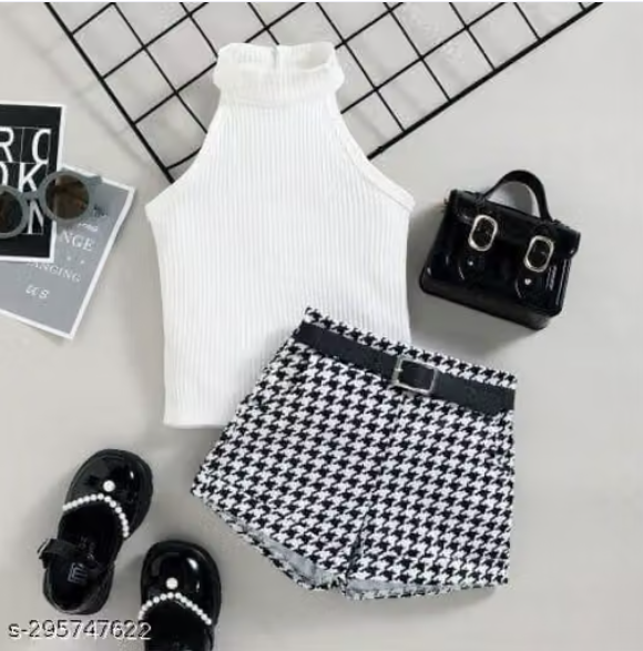 Black Halter Neck Top with Houndstooth Shorts Set for Baby Girls - Stylish Western Co-ord Set