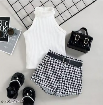 Black Halter Neck Top with Houndstooth Shorts Set for Baby Girls - Stylish Western Co-ord Set