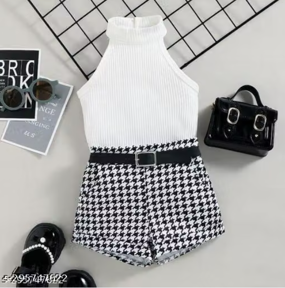 Black Halter Neck Top with Houndstooth Shorts Set for Baby Girls - Stylish Western Co-ord Set