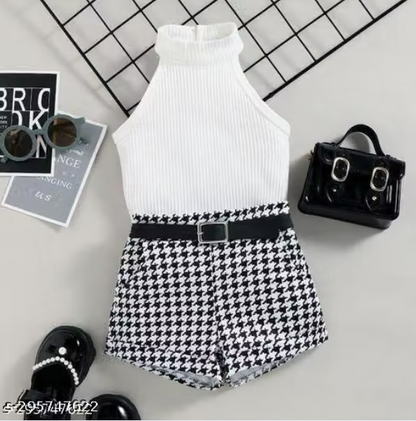Black Halter Neck Top with Houndstooth Shorts Set for Baby Girls - Stylish Western Co-ord Set