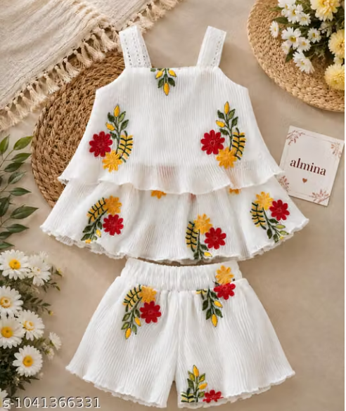 White Floral Embroidered Co-ord Set for Baby Girls - Ruffled Top and Shorts Set with Flower Work