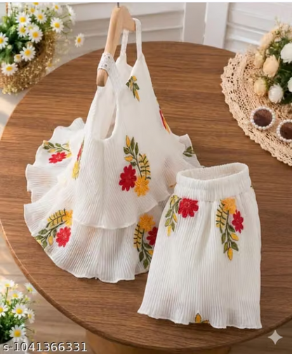 White Floral Embroidered Co-ord Set for Baby Girls - Ruffled Top and Shorts Set with Flower Work