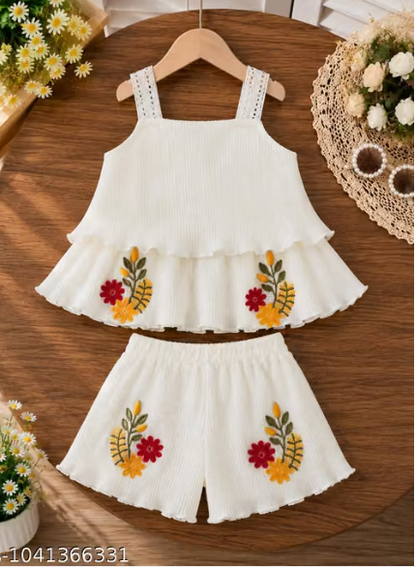 White Floral Embroidered Co-ord Set for Baby Girls - Ruffled Top and Shorts Set with Flower Work