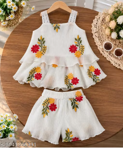White Floral Embroidered Co-ord Set for Baby Girls - Ruffled Top and Shorts Set with Flower Work