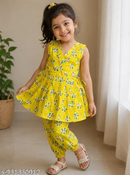 Yellow Floral Printed Co-ord Set for Baby Girls - Sleeveless Frock Top and Pant Set