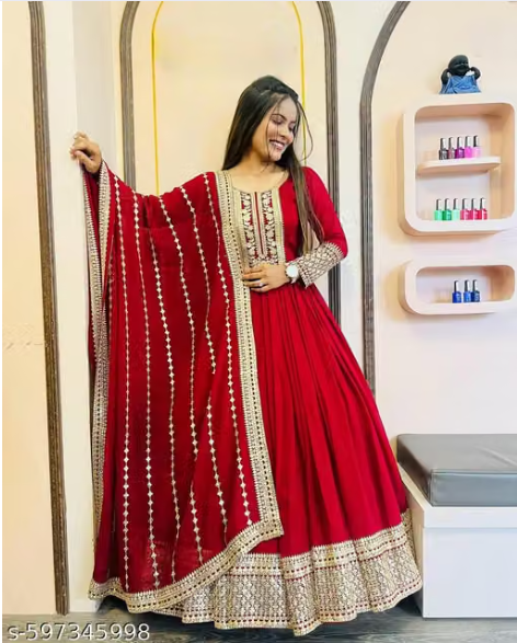 Anarkali Gown Set with Heavy Embroidered Dupatta - Designer Long Dress for Women