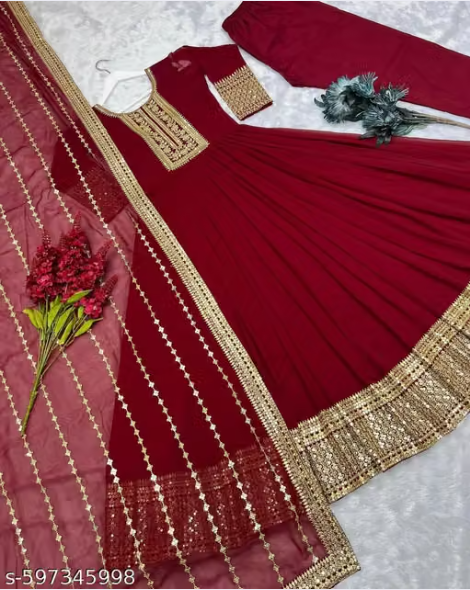 Anarkali Gown Set with Heavy Embroidered Dupatta - Designer Long Dress for Women