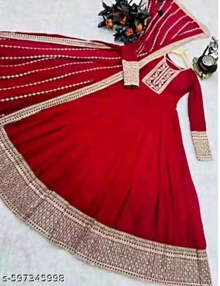 Anarkali Gown Set with Heavy Embroidered Dupatta - Designer Long Dress for Women
