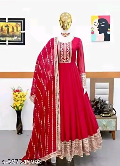 Anarkali Gown Set with Heavy Embroidered Dupatta - Designer Long Dress for Women