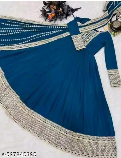 Anarkali Gown Set with Heavy Embroidered Dupatta - Designer Long Dress for Women