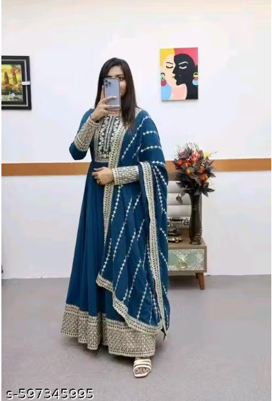 Anarkali Gown Set with Heavy Embroidered Dupatta - Designer Long Dress for Women