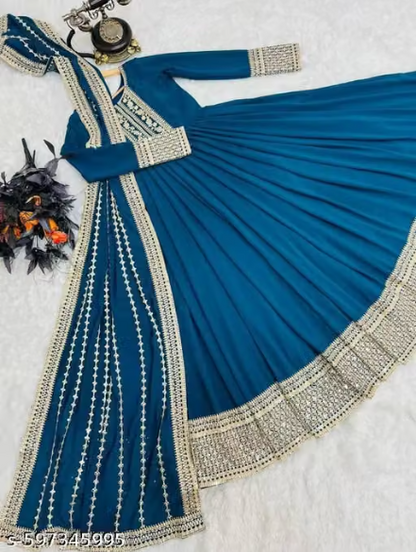 Anarkali Gown Set with Heavy Embroidered Dupatta - Designer Long Dress for Women