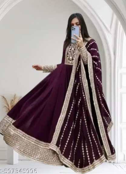 Anarkali Gown Set with Heavy Embroidered Dupatta - Designer Long Dress for Women
