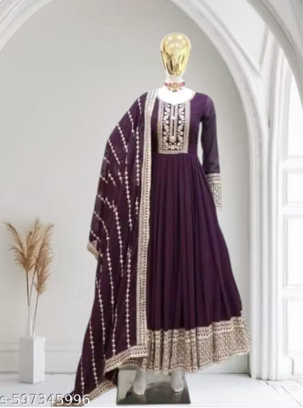 Anarkali Gown Set with Heavy Embroidered Dupatta - Designer Long Dress for Women