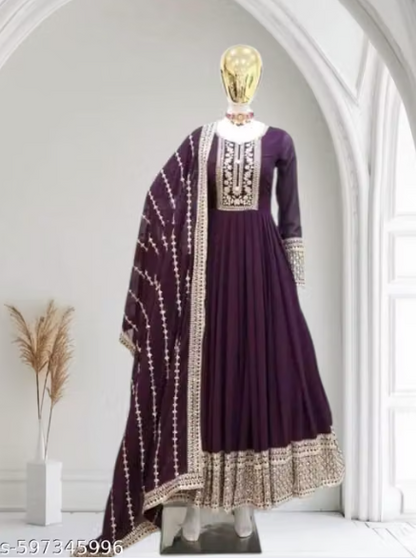 Anarkali Gown Set with Heavy Embroidered Dupatta - Designer Long Dress for Women