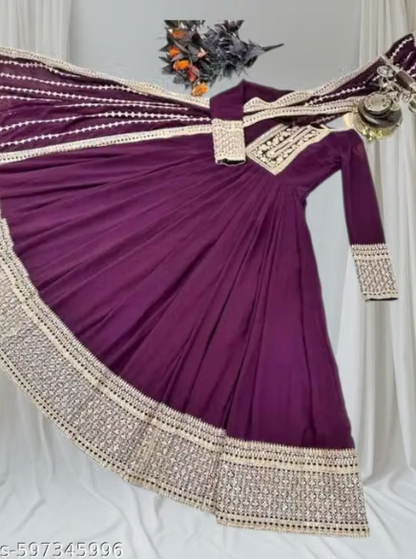 Anarkali Gown Set with Heavy Embroidered Dupatta - Designer Long Dress for Women