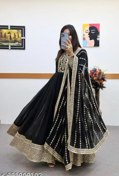 Anarkali Gown Set with Heavy Embroidered Dupatta - Designer Long Dress for Women