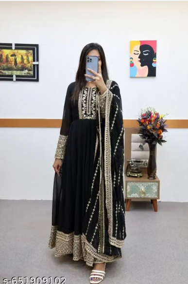 Anarkali Gown Set with Heavy Embroidered Dupatta - Designer Long Dress for Women
