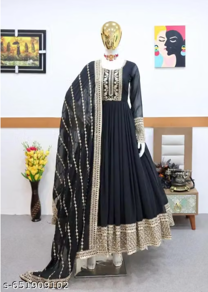 Anarkali Gown Set with Heavy Embroidered Dupatta - Designer Long Dress for Women