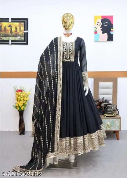 Anarkali Gown Set with Heavy Embroidered Dupatta - Designer Long Dress for Women