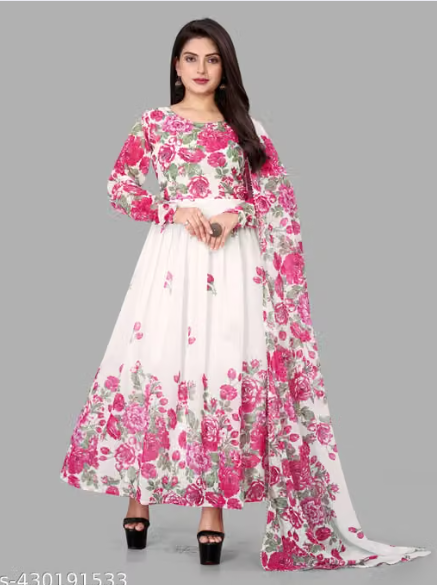 Floral Printed Anarkali Gown Set with Dupatta - Georgette Long Dress for Women