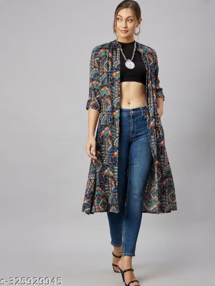 Multicolor Printed Long Shrug for Women - Boho Chic Front Open Jacket with Jeans Combo