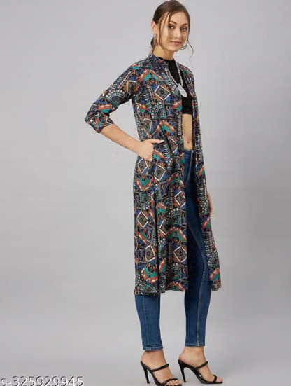 Multicolor Printed Long Shrug for Women - Boho Chic Front Open Jacket with Jeans Combo