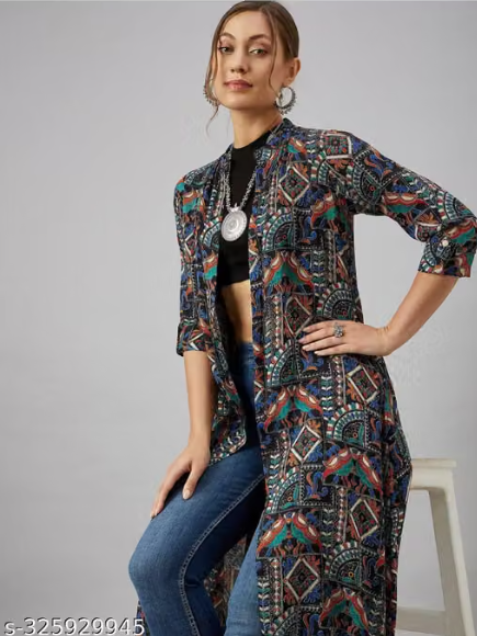 Multicolor Printed Long Shrug for Women - Boho Chic Front Open Jacket with Jeans Combo
