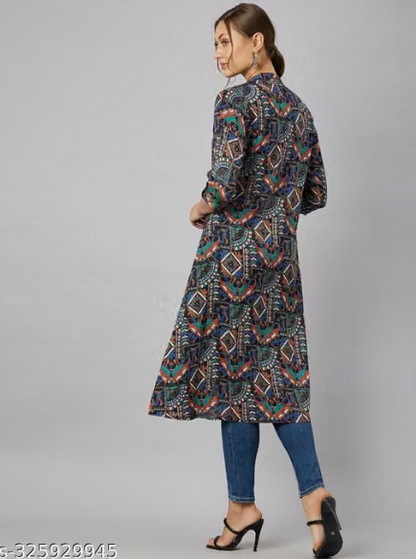 Multicolor Printed Long Shrug for Women - Boho Chic Front Open Jacket with Jeans Combo