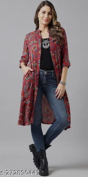 Multicolor Printed Long Shrug for Women - Boho Chic Front Open Jacket with Jeans Combo