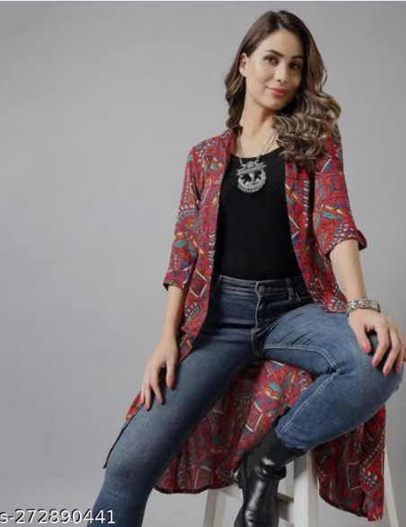 Multicolor Printed Long Shrug for Women - Boho Chic Front Open Jacket with Jeans Combo