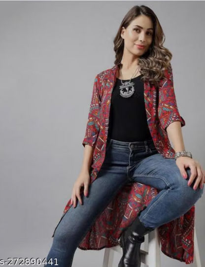 Multicolor Printed Long Shrug for Women - Boho Chic Front Open Jacket with Jeans Combo