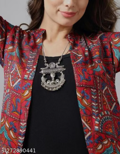 Multicolor Printed Long Shrug for Women - Boho Chic Front Open Jacket with Jeans Combo