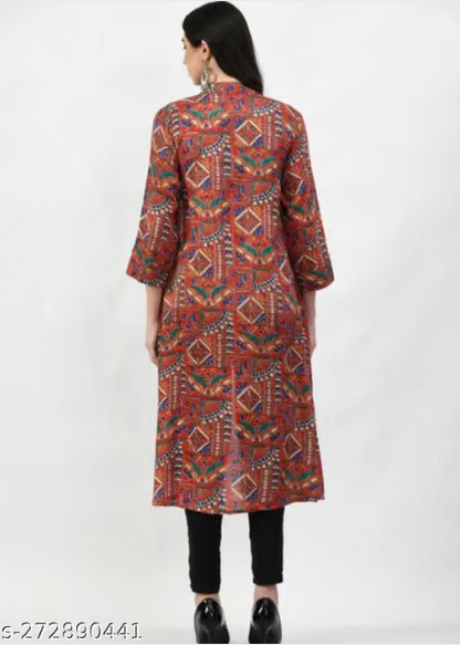 Multicolor Printed Long Shrug for Women - Boho Chic Front Open Jacket with Jeans Combo