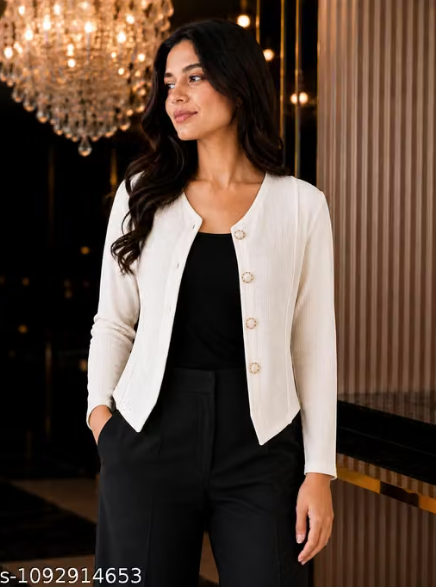 Women Ribbed Front Open Shrug with V-Neck Neck and Button Closure