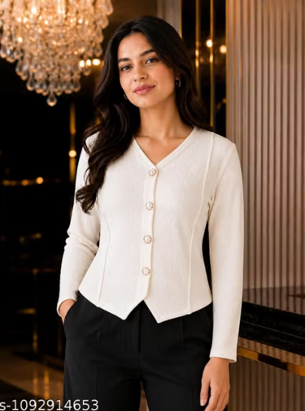 Women Ribbed Front Open Shrug with V-Neck Neck and Button Closure