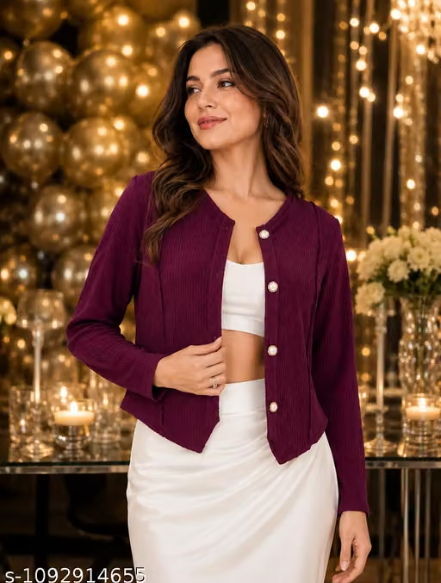 Women Ribbed Front Open Shrug with V-Neck Neck and Button Closure