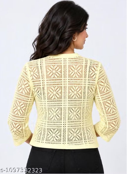 Lemon Yellow Crochet Shrug for Women - Stylish Lace Open Front Jacket Top