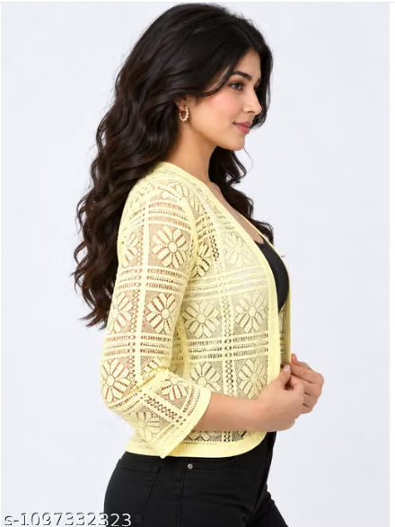 Lemon Yellow Crochet Shrug for Women - Stylish Lace Open Front Jacket Top
