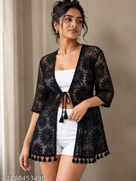 Black Floral Lace Shrug for Women - Net Embroidered Tie-Up Front Open Jacket with Tassels