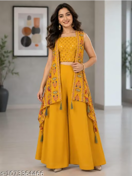 Mustard Yellow 3-Piece Co-ord Set for Women - Embroidered Crop Top with Palazzo and Long Printed Shrug Jacket