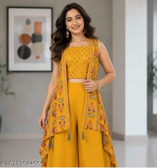 Mustard Yellow 3-Piece Co-ord Set for Women - Embroidered Crop Top with Palazzo and Long Printed Shrug Jacket
