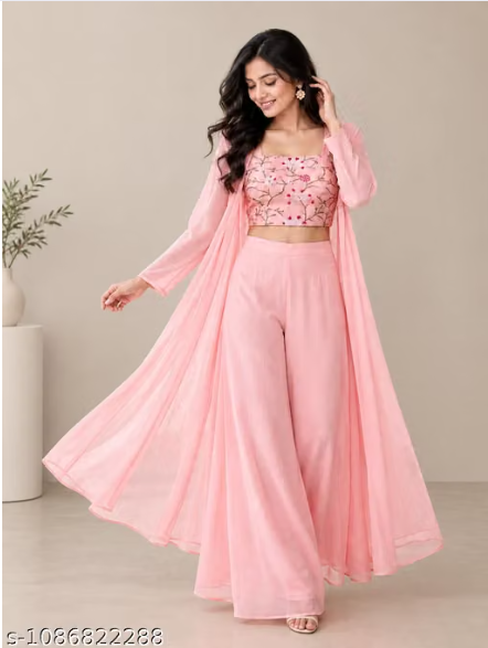 Ba 3-Piece Palazzo Set for Women - Embroidered Crop Top with Wide Leg Palazzo and Long Shrug Jacket