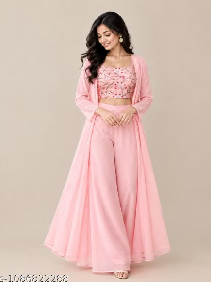 Ba 3-Piece Palazzo Set for Women - Embroidered Crop Top with Wide Leg Palazzo and Long Shrug Jacket