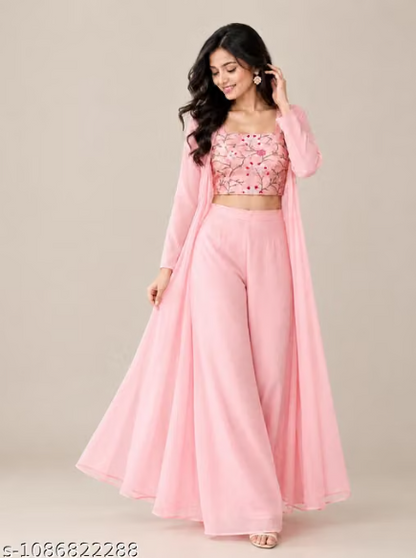 Ba 3-Piece Palazzo Set for Women - Embroidered Crop Top with Wide Leg Palazzo and Long Shrug Jacket