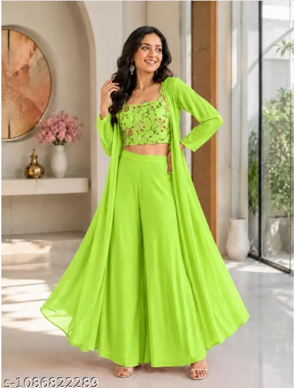 Ba 3-Piece Palazzo Set for Women - Embroidered Crop Top with Wide Leg Palazzo and Long Shrug Jacket