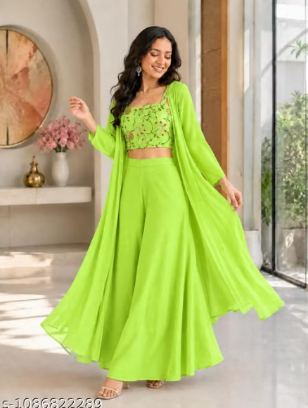 Ba 3-Piece Palazzo Set for Women - Embroidered Crop Top with Wide Leg Palazzo and Long Shrug Jacket
