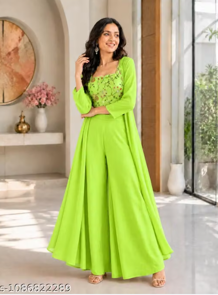 Ba 3-Piece Palazzo Set for Women - Embroidered Crop Top with Wide Leg Palazzo and Long Shrug Jacket